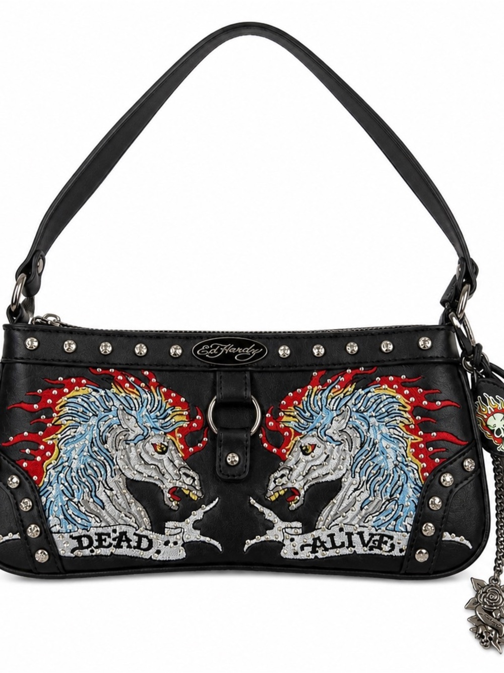 Ed Hardy Black Shoulder Bag with Red & Blue Mirrored Unicorns